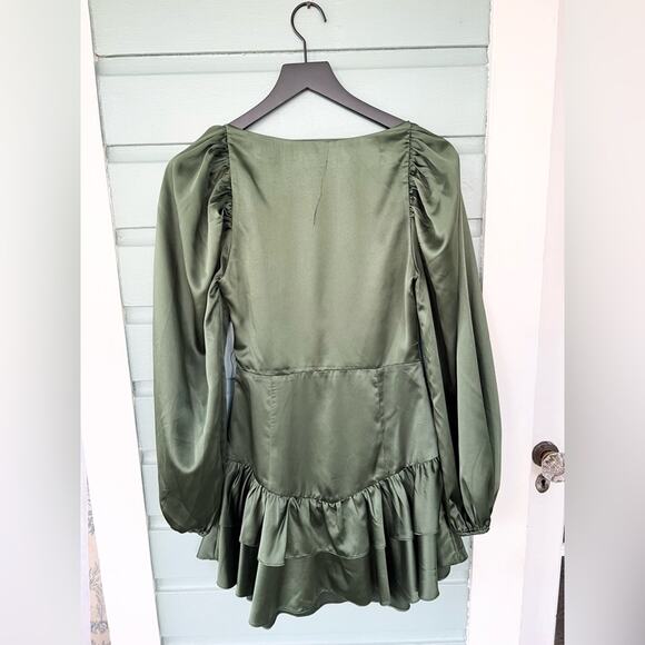 MAJORELLE revolve Etta Mini Dress Autumn Green Satin wedding puff sleeve fall - Picture 9 of 12